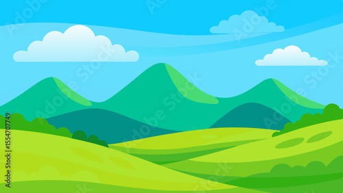 Vibrant cartoon landscape with rolling green hills and blue sky