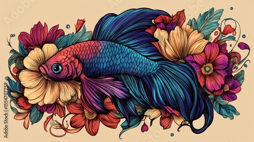 Vibrant Betta Fish Amidst a Kaleidoscope of Blossoms: A Detailed Artistic Illustration