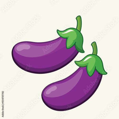 Two purple eggplants with green stems vegetable food