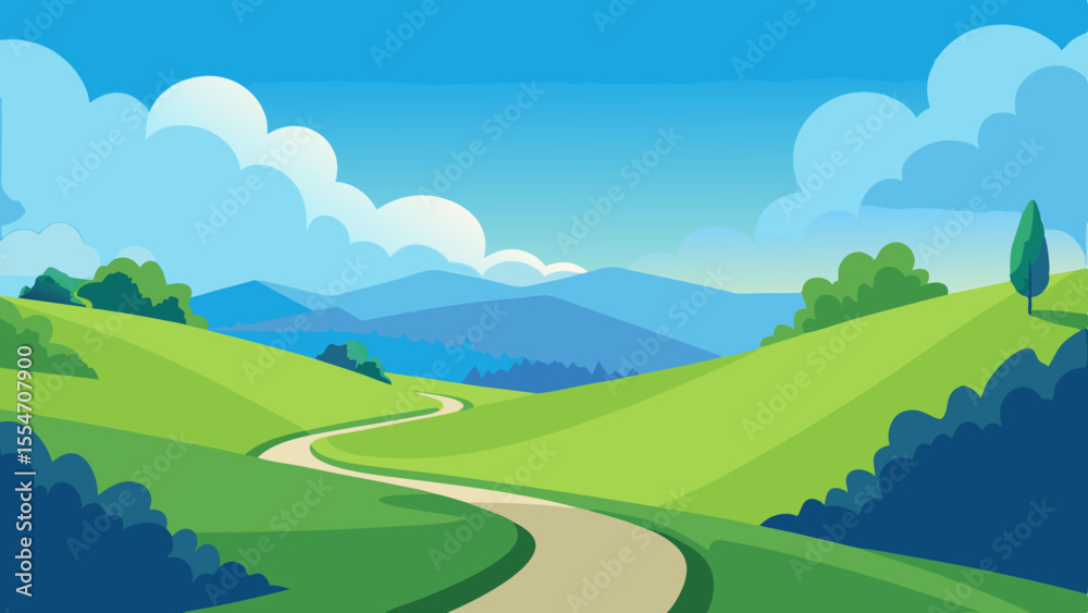 Obraz premium Winding road through green rolling hills and distant blue mountains under a cloudy sky