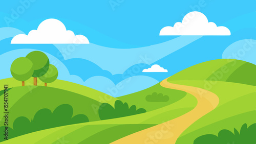 Stylized cartoon landscape with rolling green hills and a winding dirt path