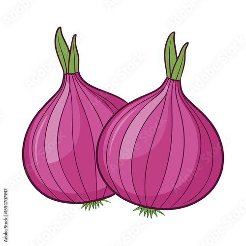 Two purple onions with green sprouts vegetable food