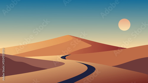 Stylized desert landscape with winding road and sun under a gradient sky