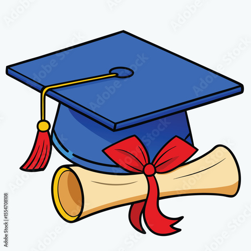 Blue graduation cap with red ribbon and diploma scroll education