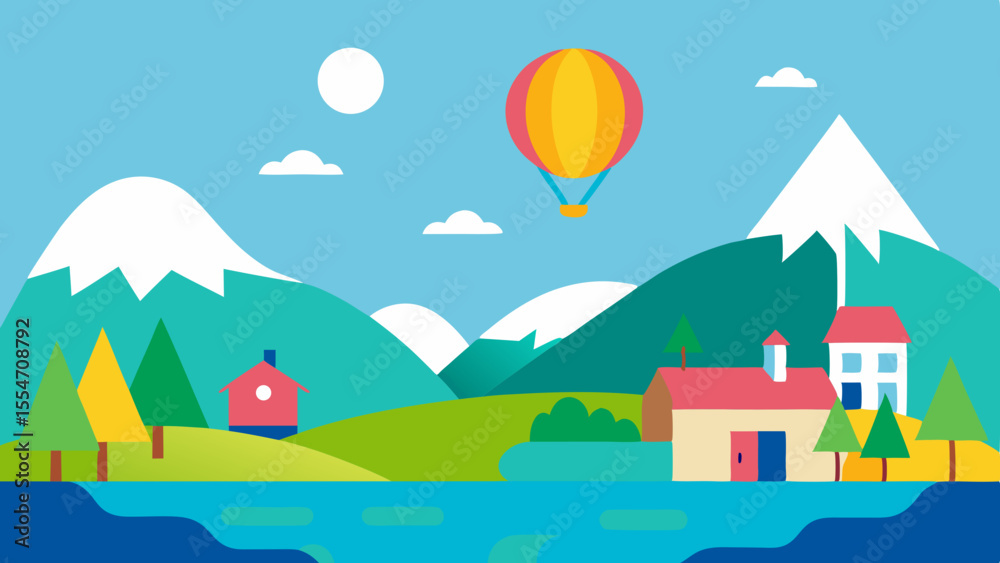 Naklejka premium Colorful flat illustration of a hot air balloon floating over a serene landscape with mountains and a lake