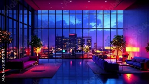 Panoramic city view from a modern penthouse