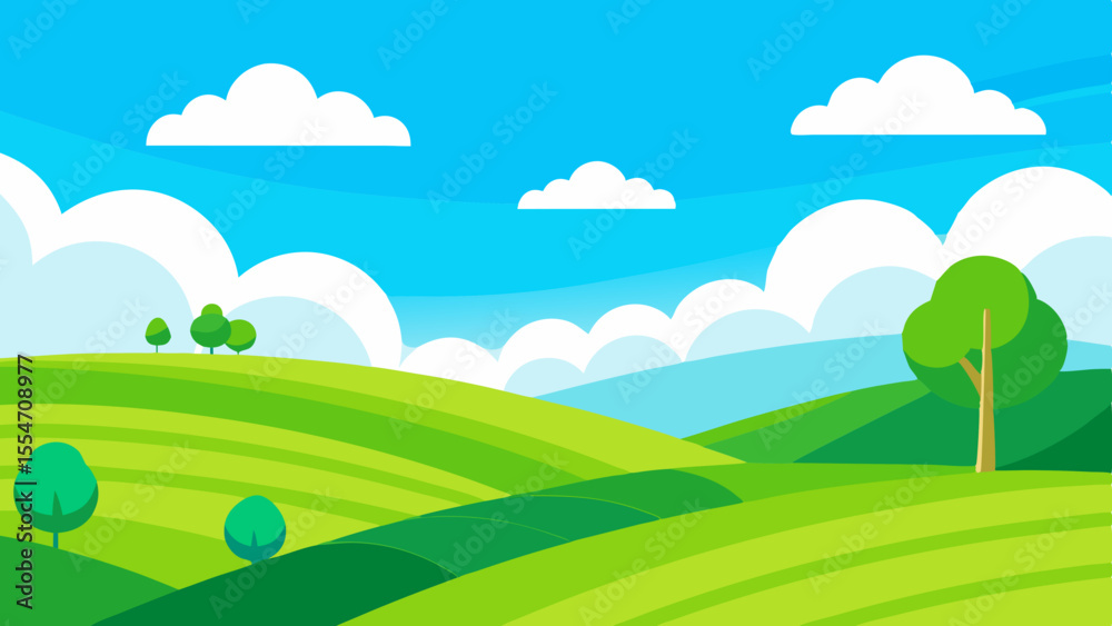 Fototapeta premium Stylized green rolling hills with trees and fluffy white clouds under a bright blue sky