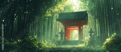 Red torii gate in a green forest with light streaming through the trees.