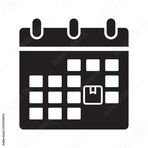 Delivery date calendar icon for scheduling package shipment and logistics planning event reminder for online shopping order with a specific deadline vector solid glyph icon