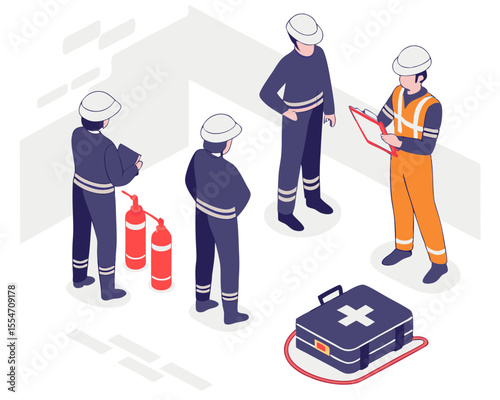 Workers attending fire safety drills and training sessions in a factory environment in isometric style.