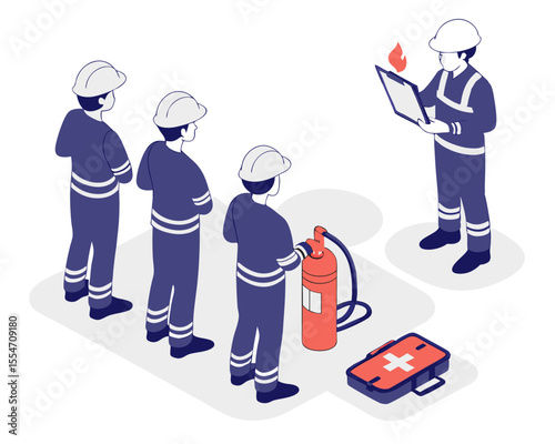 Isometric illustration of fire safety training for employees in a factory setting.