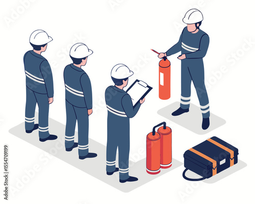 Isometric scene showing employees learning fire safety procedures inside an industrial facility.