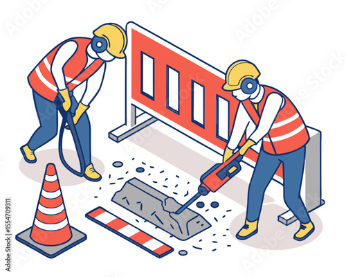 Isometric illustration of construction workers repairing a broken concrete road using a jackhammer and tools, surrounded by safety cones and barriers in a clearly marked work zone.