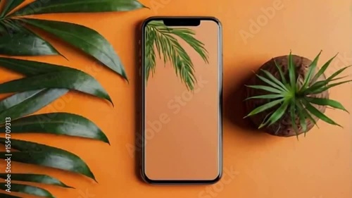 Smartphone and plants on orange surface
