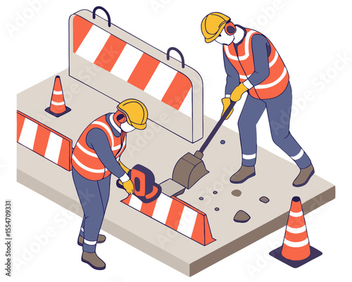 Isometric illustration of construction workers using a jackhammer and tools to repair a damaged concrete road surface. The work area is secured with safety barriers and caution cones, creating a desig