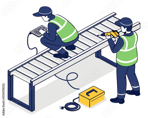 Mechanical maintenance concept with a technician servicing a conveyor belt in an isometric factory scene.