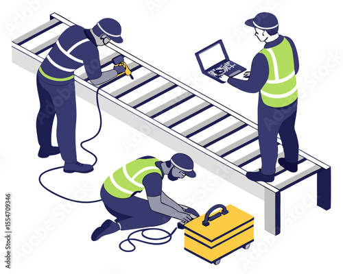 Isometric illustration of an industrial technician adjusting a conveyor belt as part of mechanical maintenance.