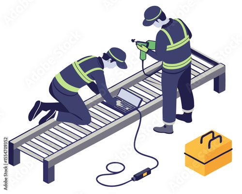 Industrial technician performing mechanical maintenance by adjusting a conveyor belt in an isometric view.