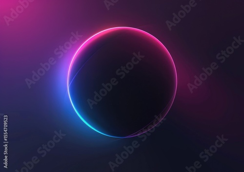 A dark sphere with neon blue and pink light coming from the left side, creating an abstract background. The sphere is centered in front of a gradient black backdrop. 