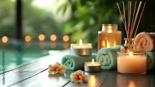 Spa scene with candles towels and flowers