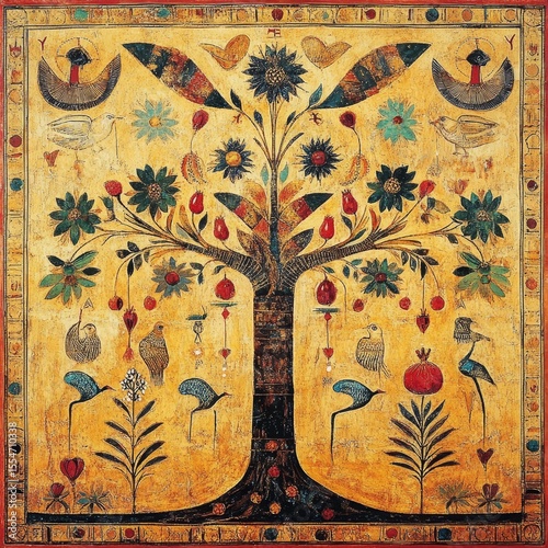 Stylized tree of life illustration with birds flowers and fruit on textured background.