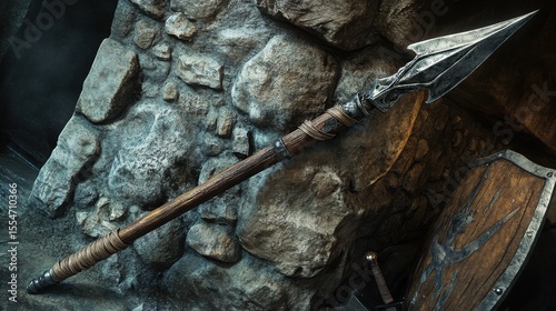 Ancient Forged Spearhead Medieval Weaponry Masterpiece:  A Detailed Closeup of a Handcrafted Spear Resting Against a Stone Wall