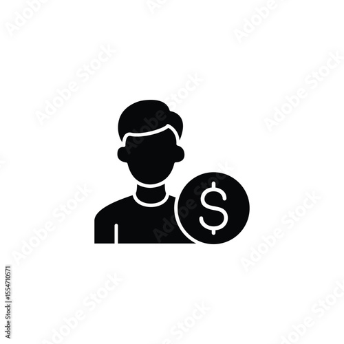 Simple black icon of a person next to a dollar sign representing financial concepts.