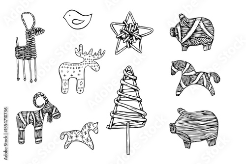 Wicker and straw animals vector illustration clip art painted by black inks. Scandinavian Yule traditional moose, pig, deer, goat clip art. Xmas wooden toys graphic sketch for Nordic holiday decor