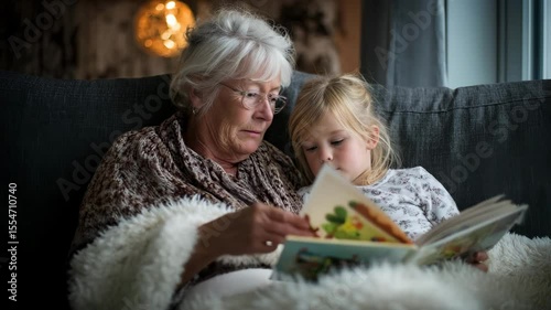 Caring grandmother reading book, snuggling close under warm blanket on living room couch, sharing intimate family moment. Senior woman sharing a cozy reading moment with granddaughter