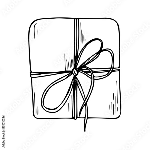 Square gift box with paper wrapping and string bow monochrome vector illustration, top view. Christmas or birthday present etching drawing for holiday packaging design, invitations, greeting cards