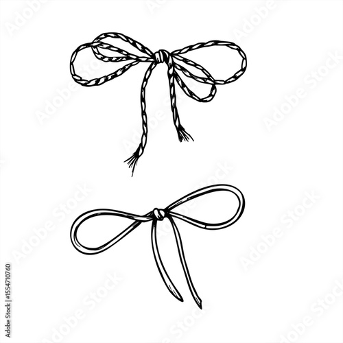 Two monochrome vector bows made of rope and braided cord. Jute bow clip art painted by black inks. Decorative hand drawn elements for packaging design, wedding invitations, birthday decor