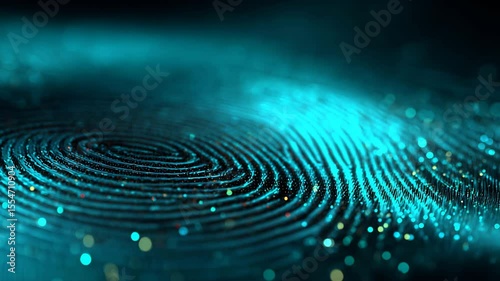 Turquoise fingerprint dark background, symbolizing digital identity, security, and biometric authentication in modern technology. biometric security and technological authentication