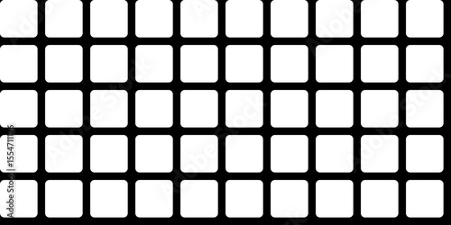 Black grid, mesh, with square holes with rounded smooth edges. Vector seamless endless repeating pattern with strict vertical and horizontal stripes on isolated background.