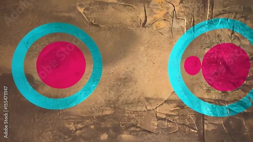 Abstract colorful design with vibrant pink circles against a textured neutral background.