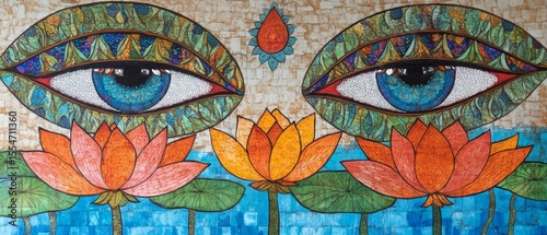 Painting of two eyes above lotus flowers on water with a textured background.