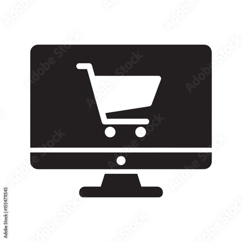 Online shopping e-commerce icon with computer and cart for internet store and digital retail purchasing product on a website business platform vector solid glyph icon