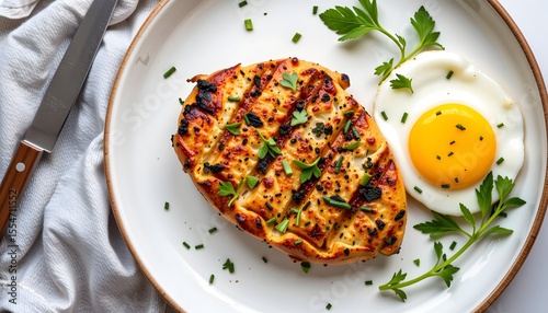 Grilled herb chicken with egg gourmet kitchen food photography bright and fresh top-down view culinary delight