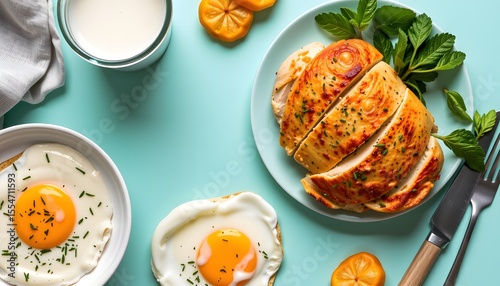 Freshly roasted chicken with eggs and milk modern kitchen food photography bright environment overhead view crisp plain roasted