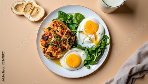 Tasty crispy herb-baked chicken with poached eggs and spinach home kitchen food photography natural light culinary delight