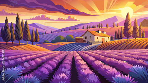 Long rows of blooming lavender stretch across a rolling countryside under a glowing sunset. The sky is painted in warm hues of gold and violet. Bees hover above the flowers, and a small cottage i