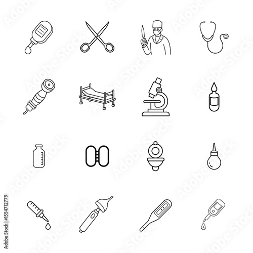 Medical Equipment and Healthcare Tools Depicted as Line Drawings for Educational or Informational Purposes in a Detailed Graphic