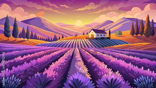 Long rows of blooming lavender stretch across a rolling countryside under a glowing sunset. The sky is painted in warm hues of gold and violet. Bees hover above the flowers, and a small cottage 