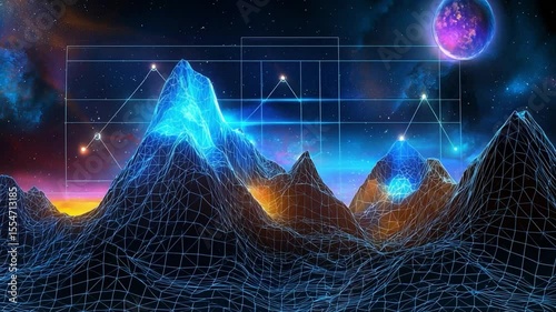 Futuristic Digital Landscape with Polygonal Mountains Under Starry Night Sky and Cosmic Elements