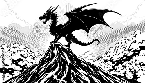 black dragon on mountain peak with lightning