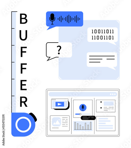 Buffer loading scale, speech bubble chat, waveform icon, binary code text, digital dashboard. Ideal for technology, UX design, software, streaming data analysis communication process