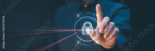 Business hand pointing at digital padlock interface, symbolizing secure access, cybersecurity technology, and protection of online data