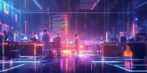 Futuristic science lab with researchers analyzing data in a neon lit cyberpunk environment promoting advanced technology