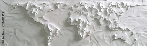 White relief map of the world, with mountains and rivers clearly visible on it, white background, white relief material, a three-dimensional sense, paper carving style