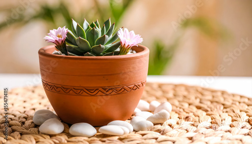 Succulent plant echeveria flower pot terracotta stones still life
