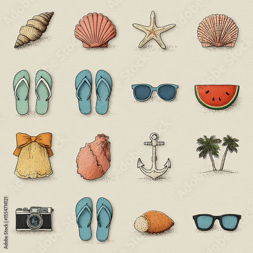 Collection of Hand Drawn Summer Items and Beach Essentials

